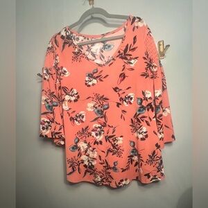 Floral V-Neck Women's Top - Coral